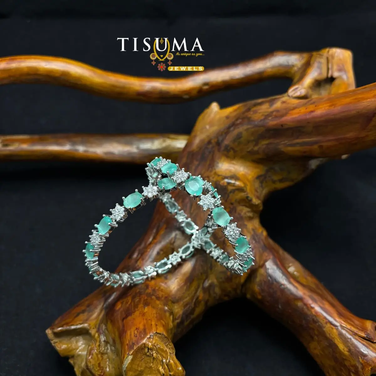Silver Mint Floral AD Bangles